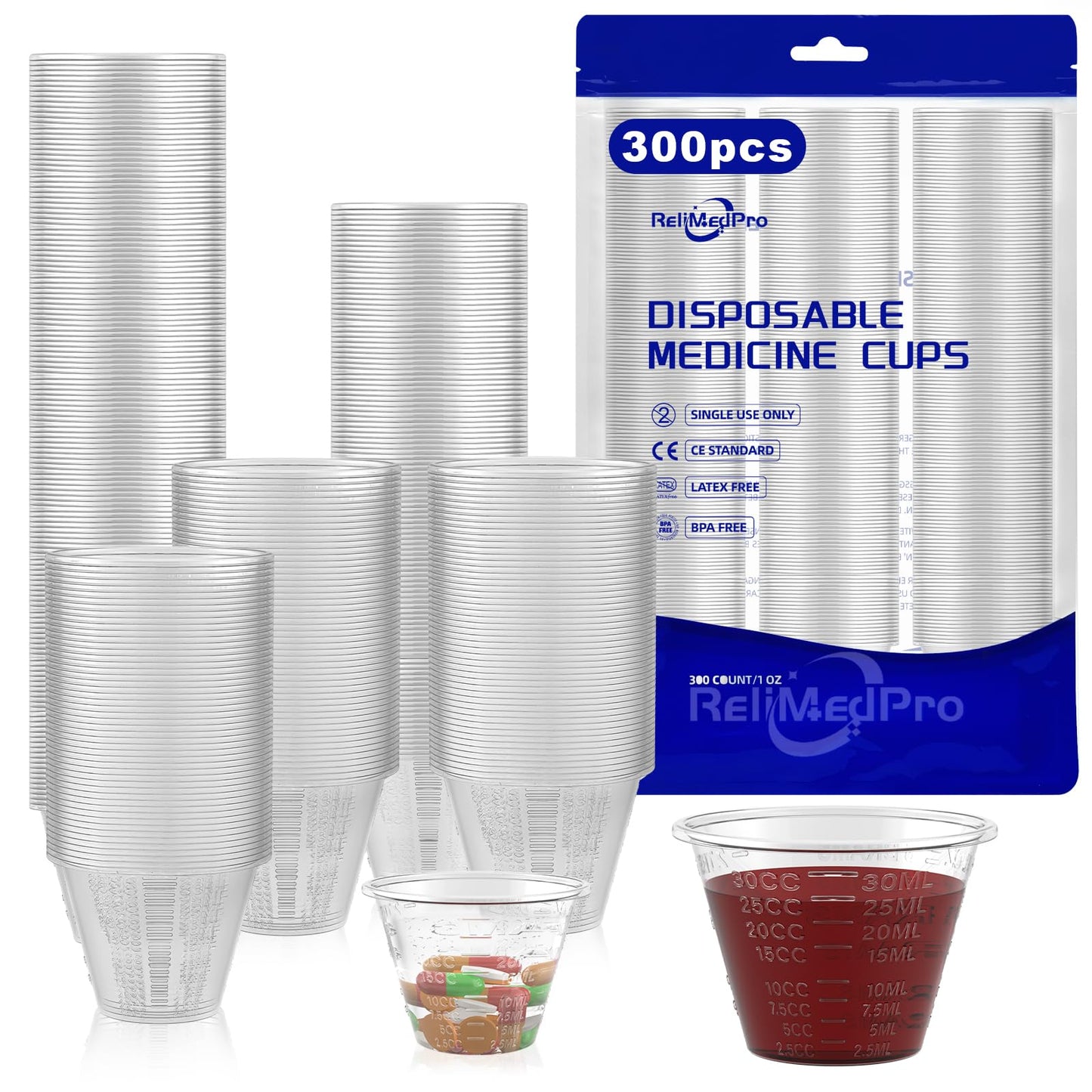 ReliMedPro Disposable Medicine Cups Graduated, pack of 300, 1 oz (30ml) Small Plastic Measuring Cup for Liquid Medication, Paint, Epoxy, Pill and Resin