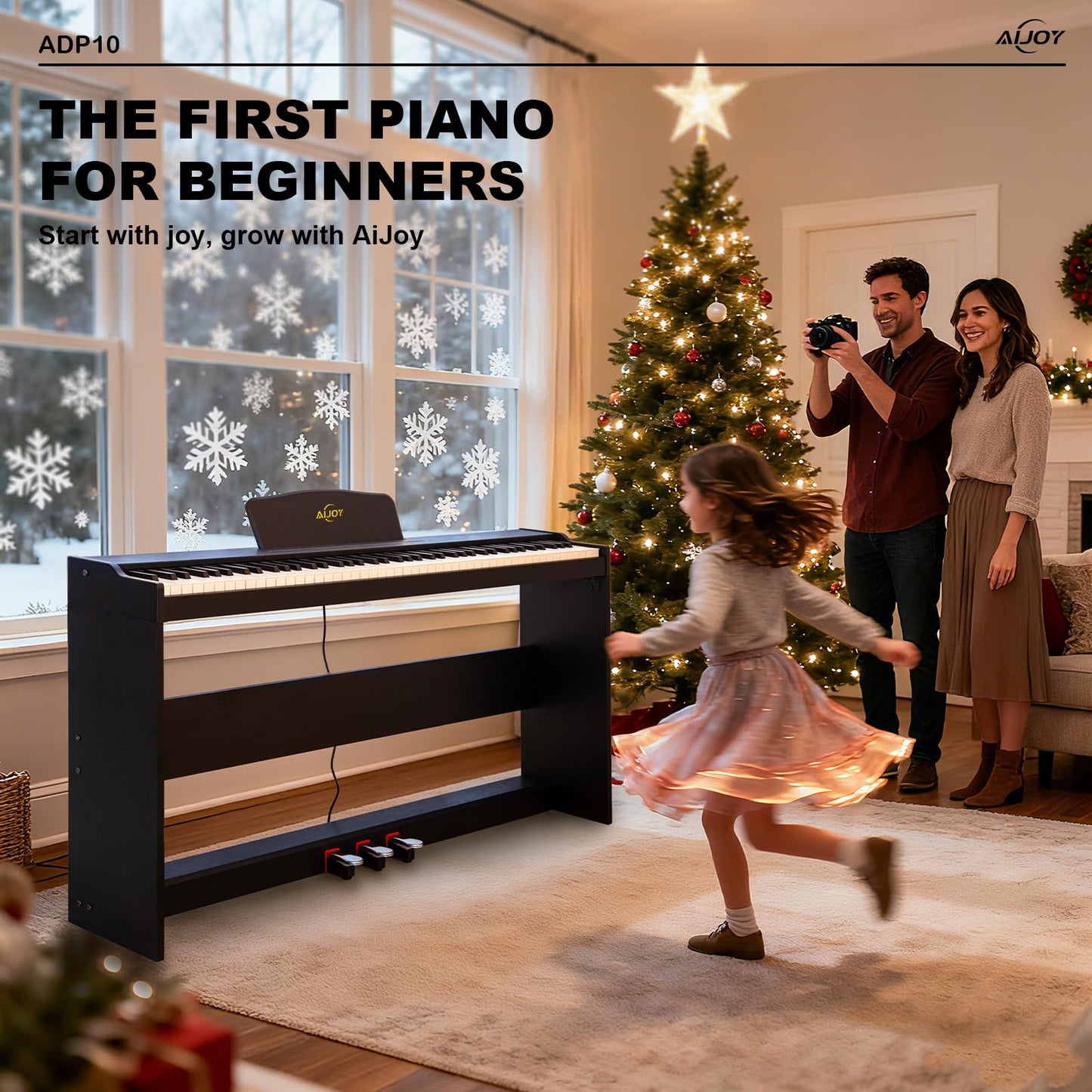 AiJoy 88 Key Digital Piano with Semi-Weighted Keys, Electric Piano Keyboard for Beginners, Dual Speakers & Triple Pedal, Support MIDI USB, Compact & Elegant Design, Birthday Gift ADP10