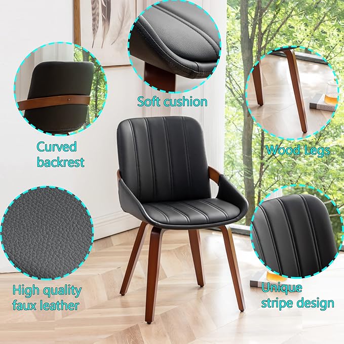 YOUUGIOR Mid Century Modern Faux Leather Upholstered Dining Chairs,Armless Accent Chairs with Sturdy Natural Wood Legs,Bamboo Backrest Support for Kitchen&Dining Room Chairs(Set of 2,Black PU)