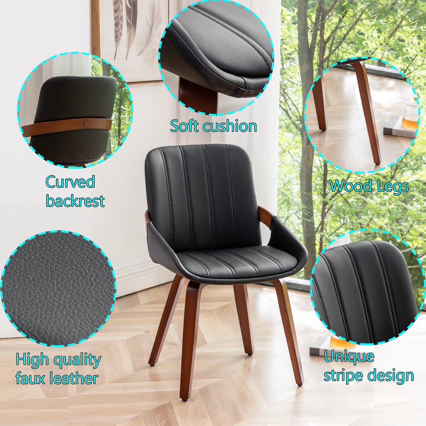 YOUUGIOR Mid Century Modern Faux Leather Upholstered Dining Chairs,Armless Accent Chairs with Sturdy Natural Wood Legs,Bamboo Backrest Support for Kitchen&Dining Room Chairs(1PCS,Black)