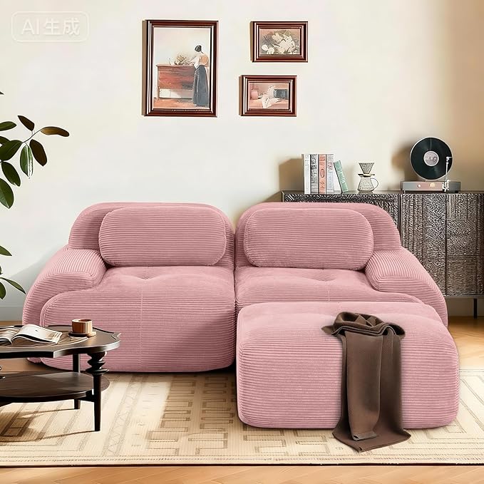 SoarFlash 81” Sectional Cloud Boneless Sofa Couches for Living Room-2 Seater L-Shaped Modern Lounge Couch-No Assembly Modular Corduroy Convertible Sponge Sleeper Sofas with Chaise for Home House,Pink