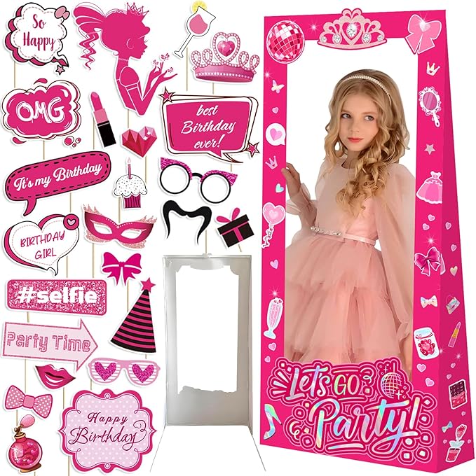 Hot Pink Let's Go Party Birthday Photo Booth Props, 4.5ft Tall Life Size Stand in Cardboard with Fixed Bracket & 25pcs Pri...