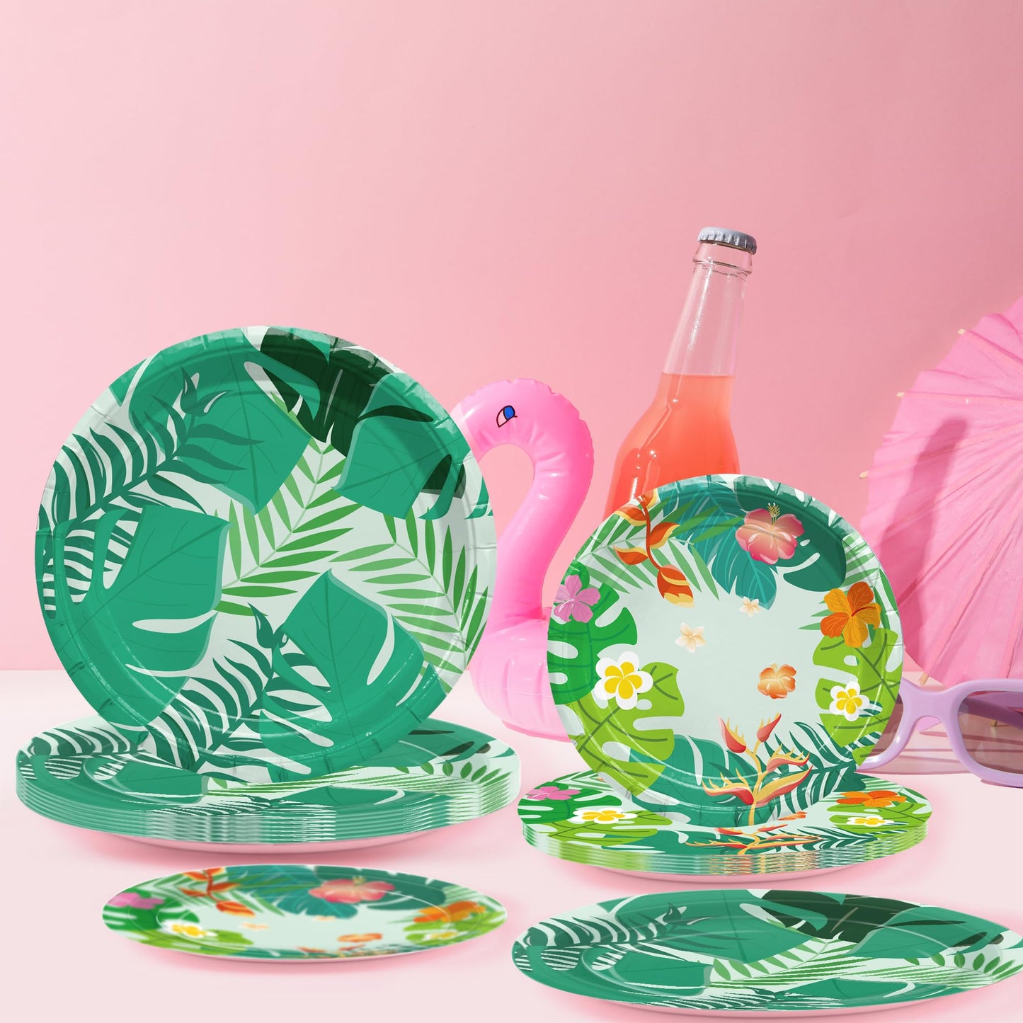 MDDRUIQI Luau Party Decorations - 36 Pack Hawaiian Plates - Tropical Party Decorations with Hibiscus Flowers & Palm Leaf | Hawaiian Themed Supplies for Summer Pool Beach Decor