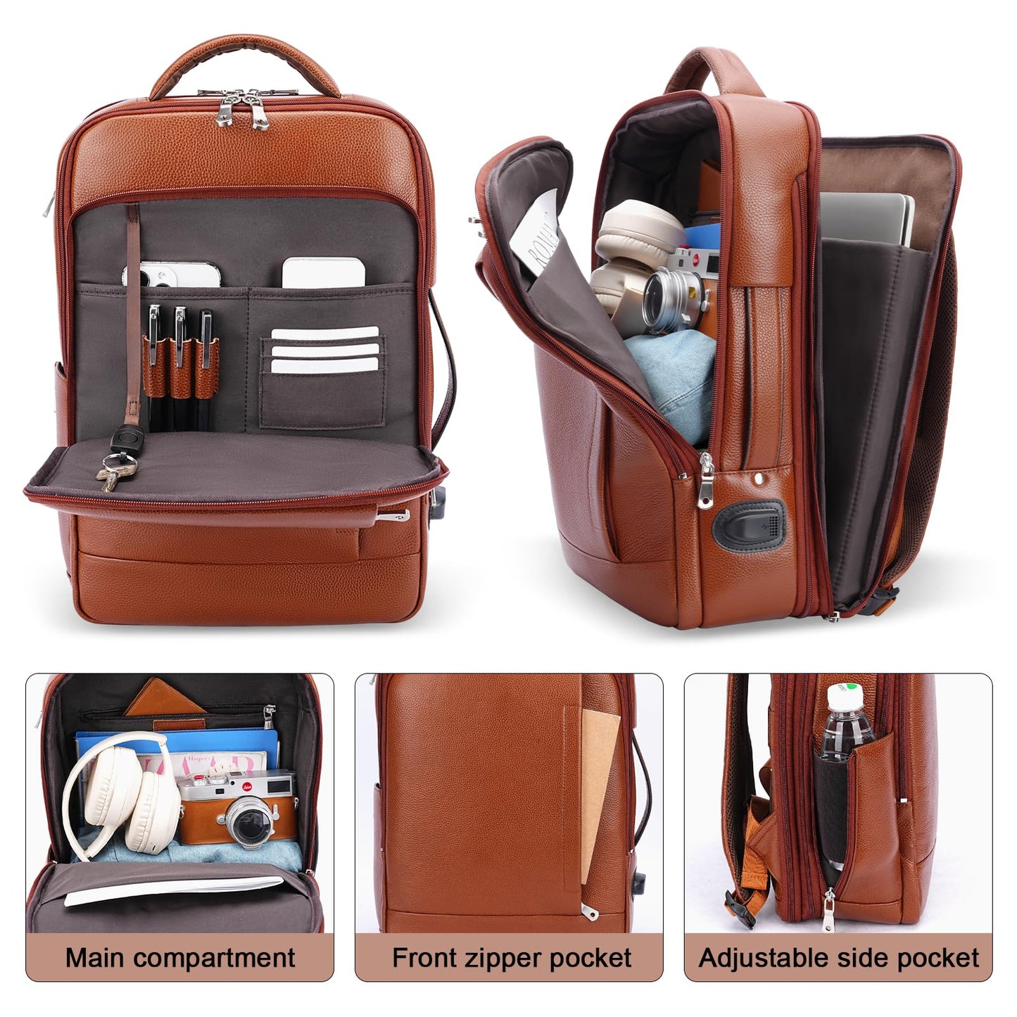 TIDING Expandable Leather 15.6" Laptop Backpack for Men Women, TSA Friendly Business Travel Bag Slim Work Casual Daypack