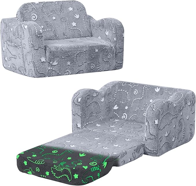 MeMoreCool Kids Dinosaur Couch – Foldable Toddler Chair, Glow-in-The-Dark Flip-Out Sofa, Convertible Lounge Seat for Boys Ages 1–3, Plush Fold-Out Kids Lounger with Washable Cover (Gray)