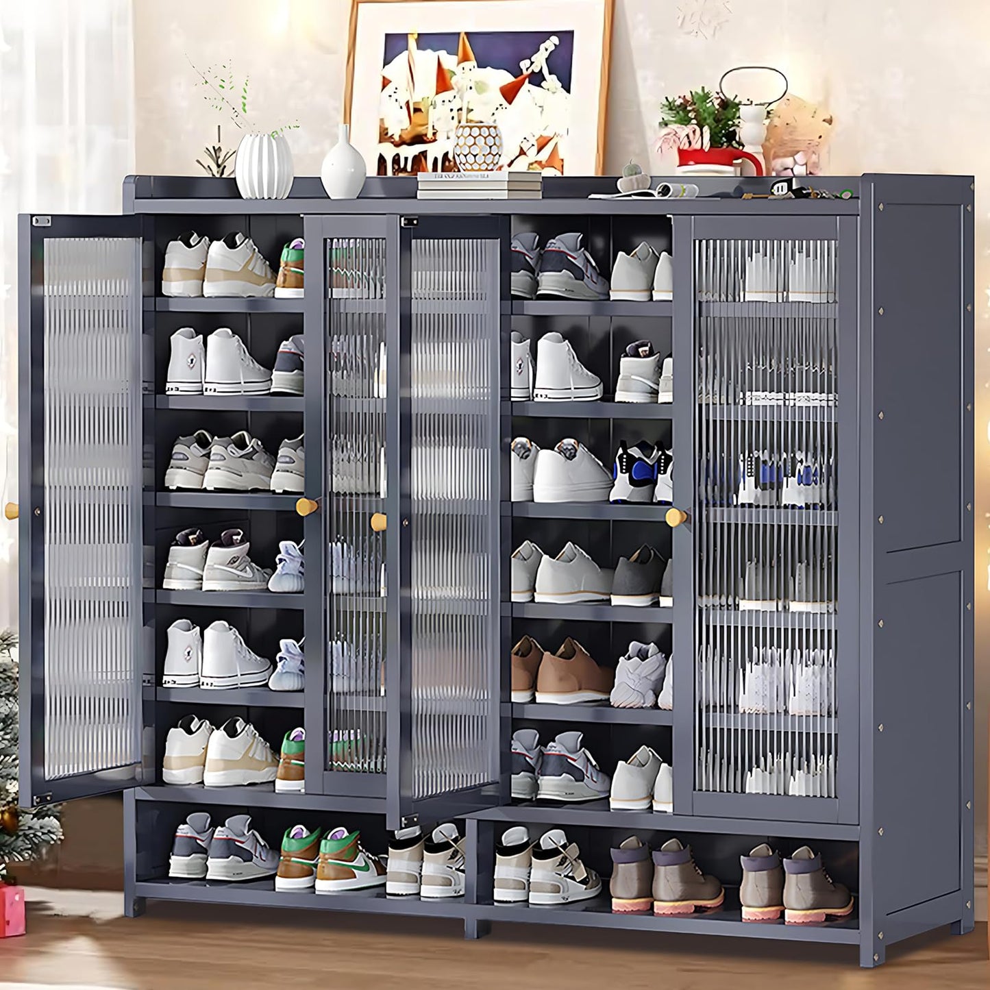 EOQIFJM Bamboo Shoe Cabinet with Door, 8 Tier Shoe Rack for Closet, Entryway Shoe Storage Cabinet for 36-40 Pairs, Shoes Rack Organizer for Living Room Hallway Entryway (Grey-1)