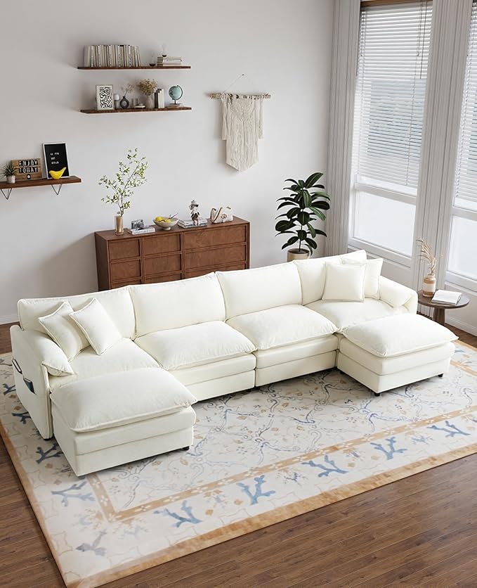 RENDGO 143" Modular Sectional Sofa, Chenille Cloud Couch for Living Rooms & Apartment, Deep Seat Comfort, Flexible U-Shape Combination Sofa for Family Guest Rooms,2 Ottoman,Beige