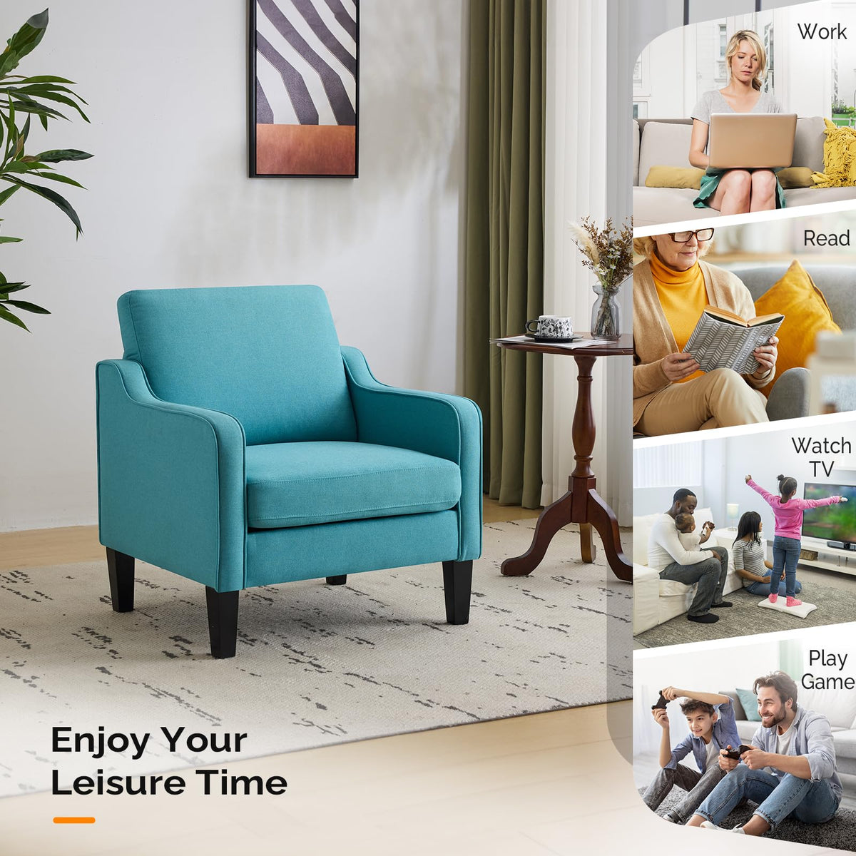 VINGLI Accent Chairs Set of 2 Living Room Chairs Teal Blue Reading Chair for Bedroom Scooped Arm Chair Mid Century Modern Accent Chairs Upholstered Comfy Chair for Apartment, Waiting Room