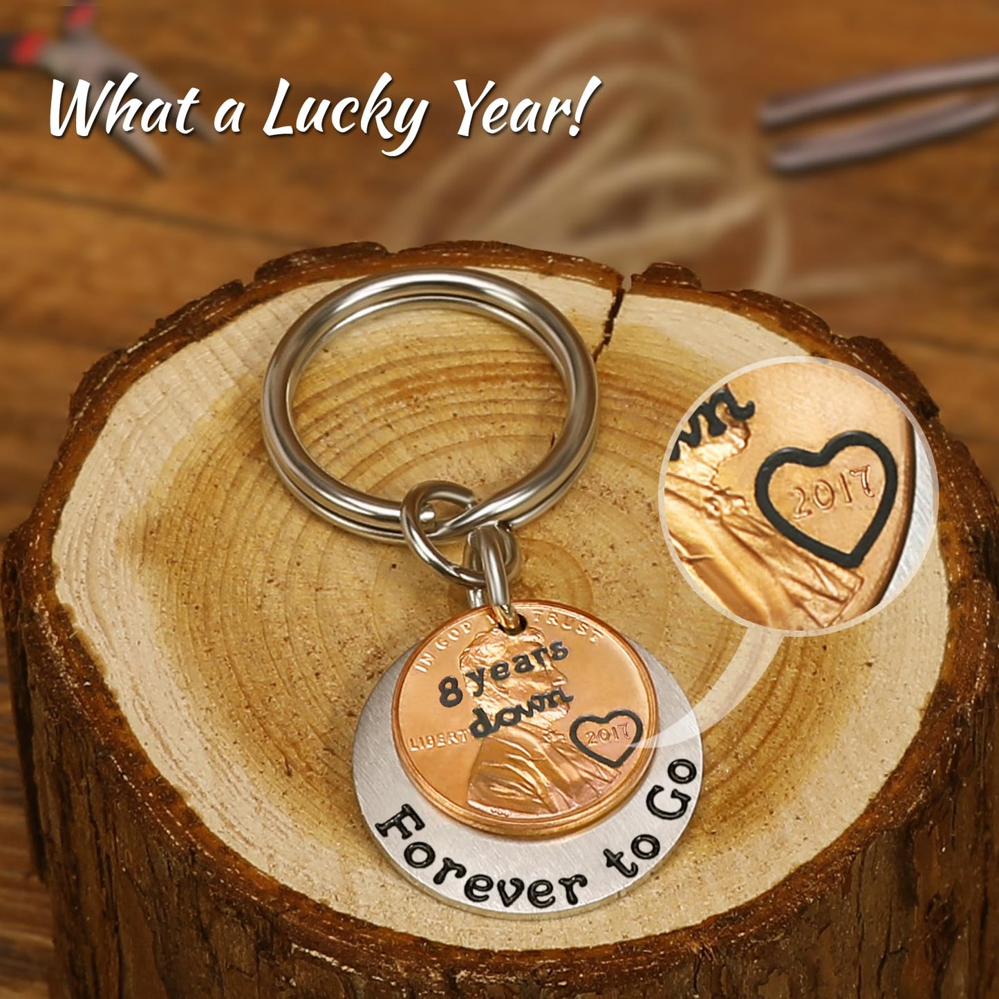 HRMYUDI Copper Gifts for 8th Anniversary, 8 Years Anniversary Copper Gift Coin Keychain with a 2017 Penny, 8 Years Down and Forever To Go, Electric Appliance Wedding Present for Him Her Wife Husband