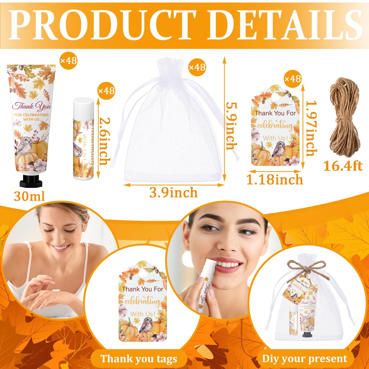Swiffen 48 Sets 192 Pcs Fall Pumpkin Baby Shower Gifts for Guests Pumpkin Owl Bridal Baby Shower Hand Cream and Lip Balm Autumn