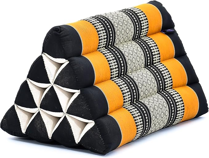 Leewadee Triangle Cushion – Comfortable Backrest for TV or Reading, Incline Pillow for Relaxing Made of Kapok, 20 x 13 x 13 inches, Black Orange