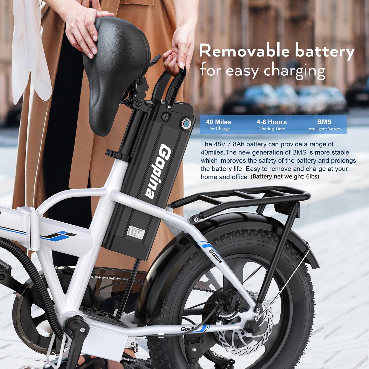 Vivi Gopina Electric Bike, 16" x 3.0 Fat Tire Electric Bike, Peak 500W Step Thru Electric Bicycle, 48V Removable Battery, Up to 40 Miles, LCD Display, 19.8mph, 7 Speed, SGS Certified to UL2849