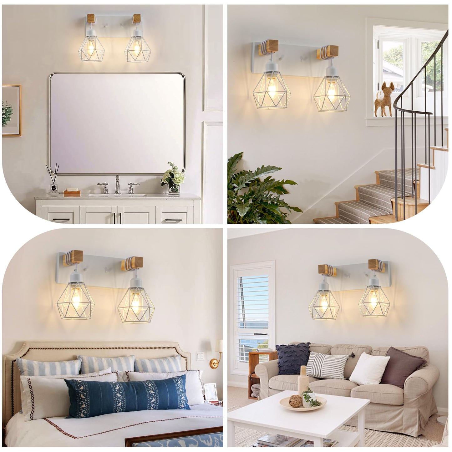 Farmhouse Vanity Light for Bathroom, 2-Light White Wood Bathroom Vanity Light Fixtures Over Mirror, Rustic Sconces Wall Lighting with Metal Lampshade for Living Room, Bedroom, Hallway