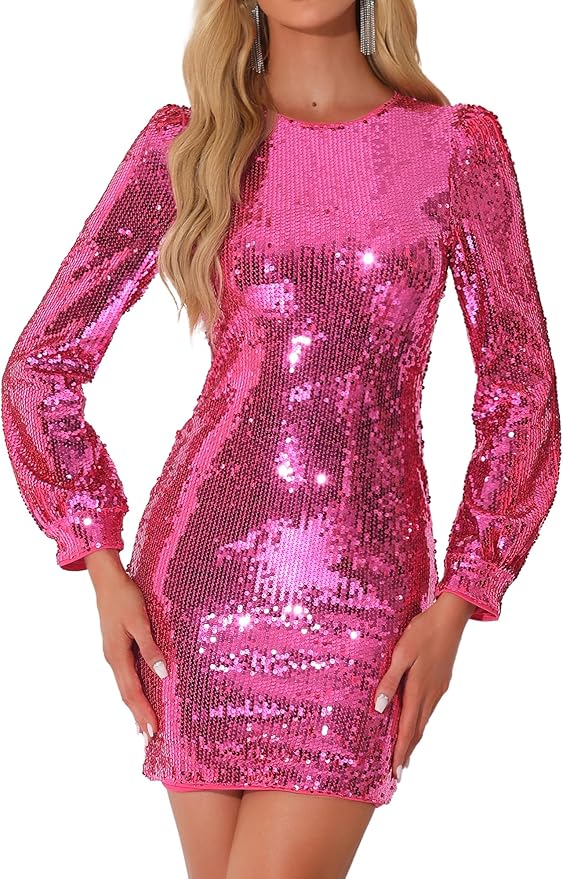 Allegra K Sequin Dress for Women Party Cocktail Lantern Long Sleeve Sparkly Glitter Disco Outfits Bodycon Mini Dresses