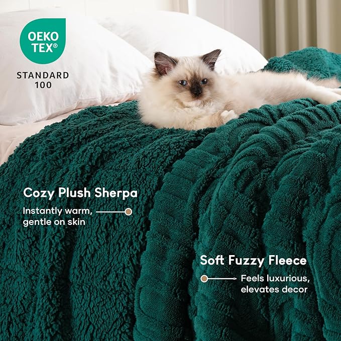 Cottonblue Jacquard Weighted Blanket for Adults 15 lbs Twin Size, Cozy Fluffy Sherpa Fleece Weighted Throw Blankets 48" x 72" for Sleep Relax, Fuzzy Warm Arch Heavy Blanket Soft for Bed Couch, Green