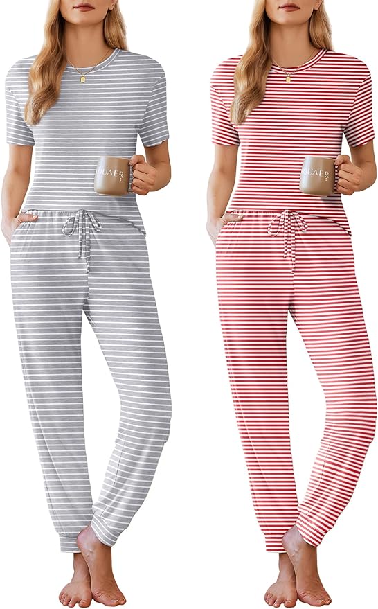 Ekouaer Pajamas for Women Set 2 Pack Lounge Set Short Sleeve Pjs Joggers Long Pants Loungepwear with Pockets