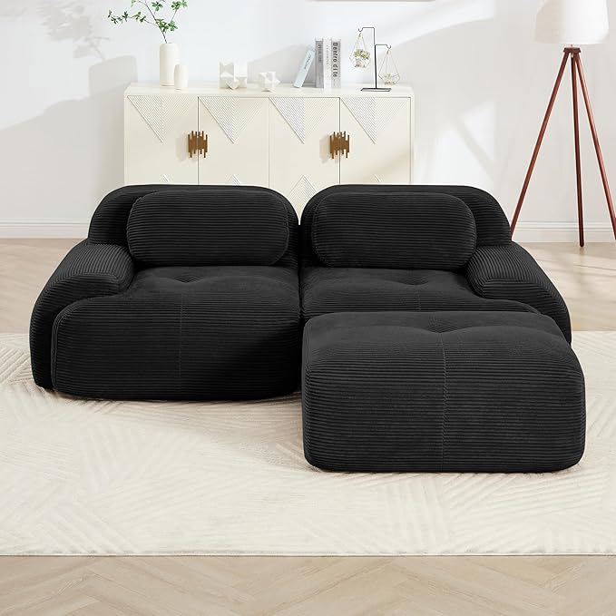 SoarFlash 81” Sectional Cloud Boneless Sofa Couches for Living Room-2 Seater L-Shaped Modern Lounge Couch-No Assembly Modular Corduroy Convertible Sponge Sleeper Sofas with Chaise for Home House,Black