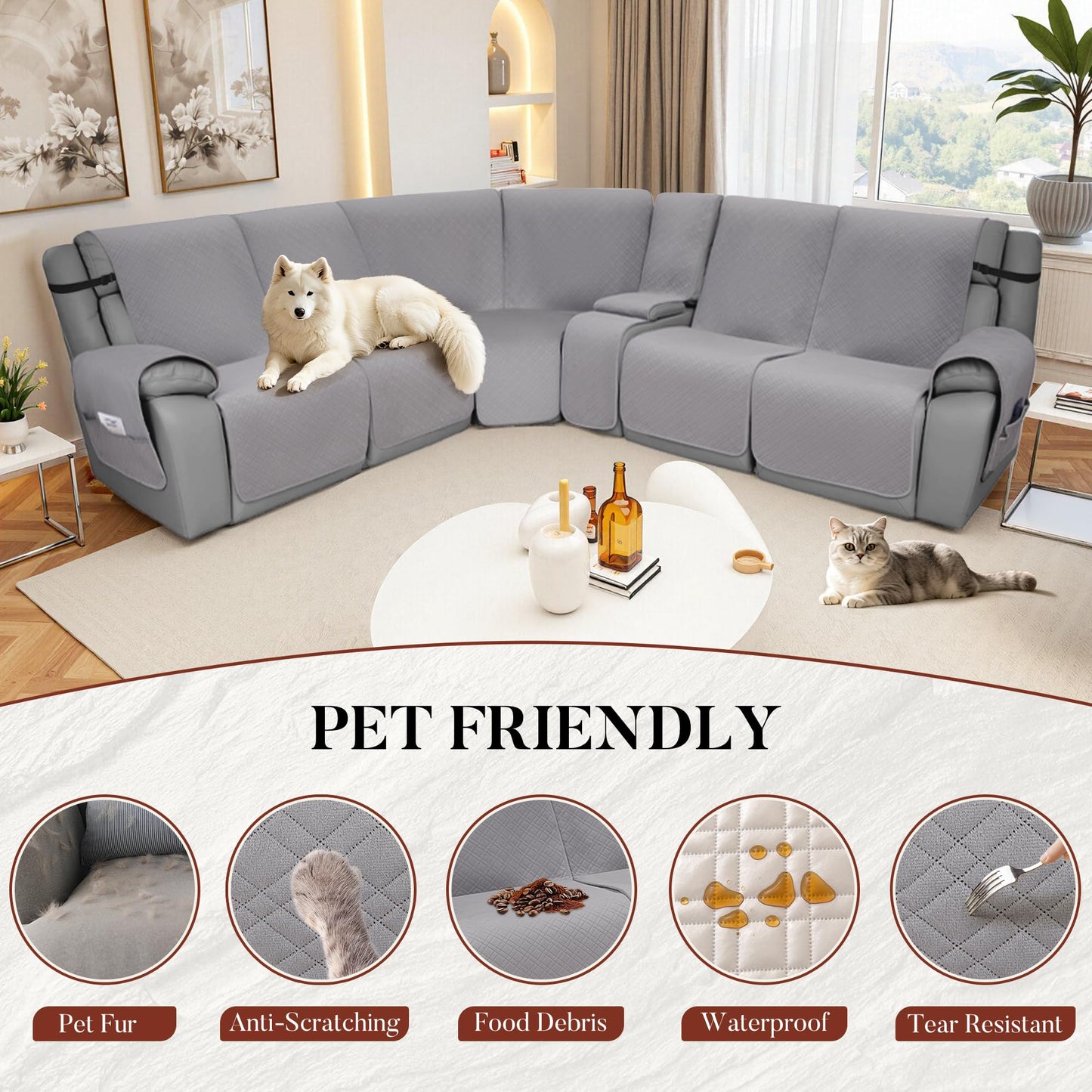 YUEVELLA Velvet 1OO% Waterproof Reclining Sectional Couch Covers for Sectional Sofa L Shape 8-Piece Quilted Corner Recliner Sofa Cover Slipcovers Set Washable (5 Seater with 1 Console, Silvery Grey)