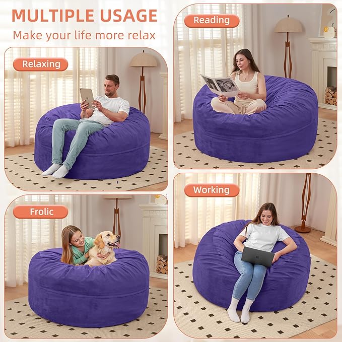 HABUTWAY Bean Bag Chair 3Ft Luxurious Velvet Ultra Soft Fur with High Rebound Memory Foam Bean Bag Chairs for Adults Plush Lazy Sofa with Fluffy Sponge 3' (Purple)