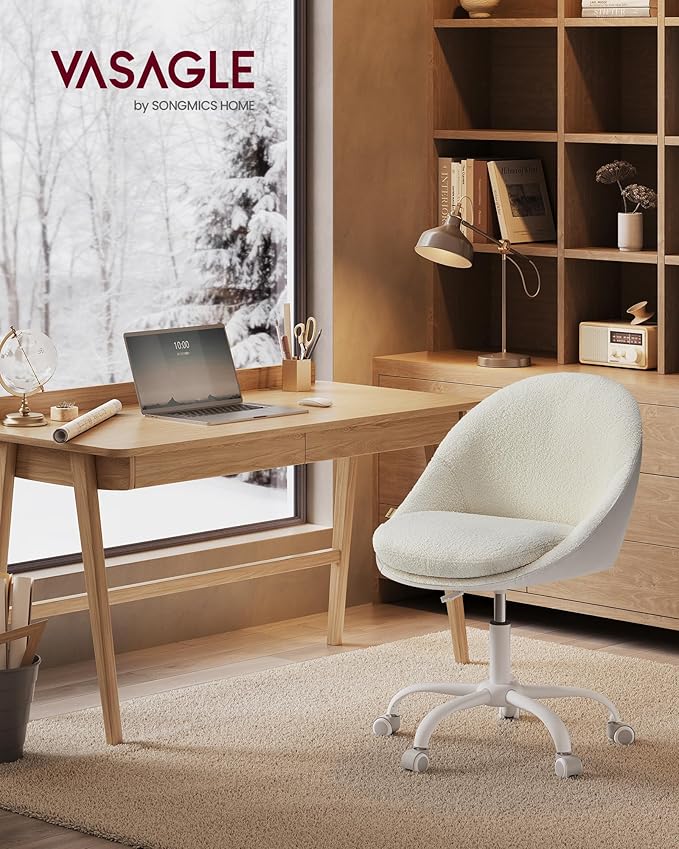 VASAGLE Vanity Chair with Back, Adjustable Swivel Cute Desk Chair with Wheels, Sherpa and PU Leather for Lumbar Support, Compact for Small Spaces, Bedroom, Cappuccino Beige and Cloud White UOBG020W91
