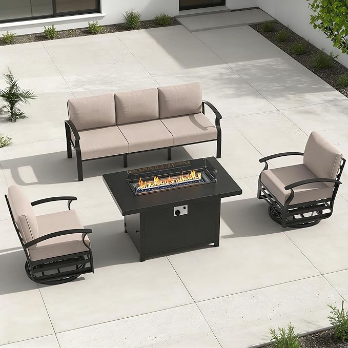 RTDTD Aluminum Outdoor Patio Furniture Set,4 Pieces 5 Seats Patio Conversation Sets with 45" Propane Fire Pit Table,Metal Patio Sectional Furniture Set with 2 Swivel Rocking Chairs,Sand