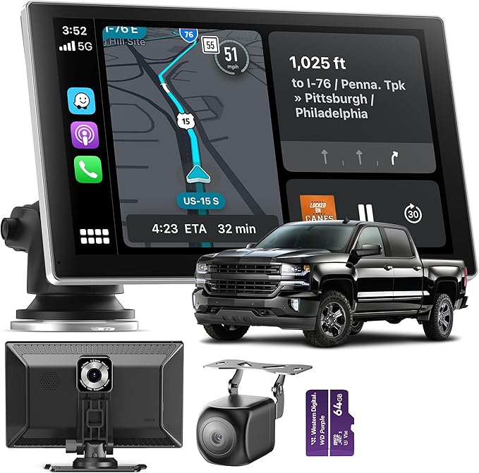 Portable CarPlay Screen for Car, 9'' Wireless Apple CarPlay & Android Auto Screen for Car, 4K Dash Cam, 1080P Backup Camer...