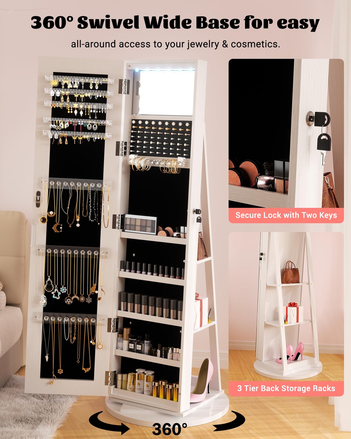 FAVSH 6 LEDs Jewelry Armoire with Frameless Full-Length Mirror, 360° Swivel Jewelry Cabinet Standing with 3 Back Shelves, Jewelry Organizer with Storage Lockable for Women Gift, White