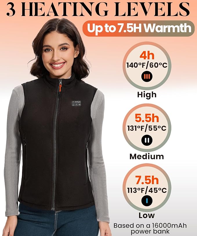 JS LifeStyle Heated Vest Jacket Women with 16000mAh Rechargeable Battery Pack Included Fleece Clothing with Light-Off Design