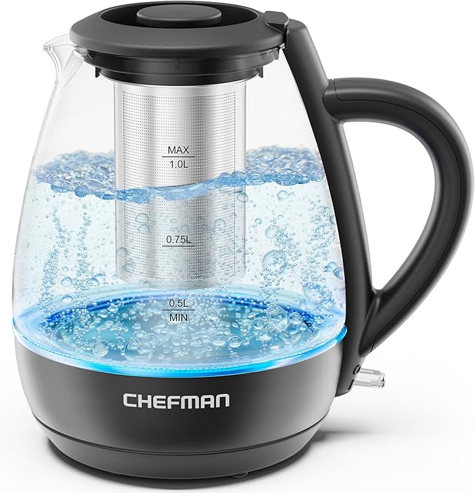 Chefman Electric Kettle with Tea Infuser, Compact 1L (4 Cups), 1500W, Removable Lid for Easy Cleaning, Boil-Dry Protectio...