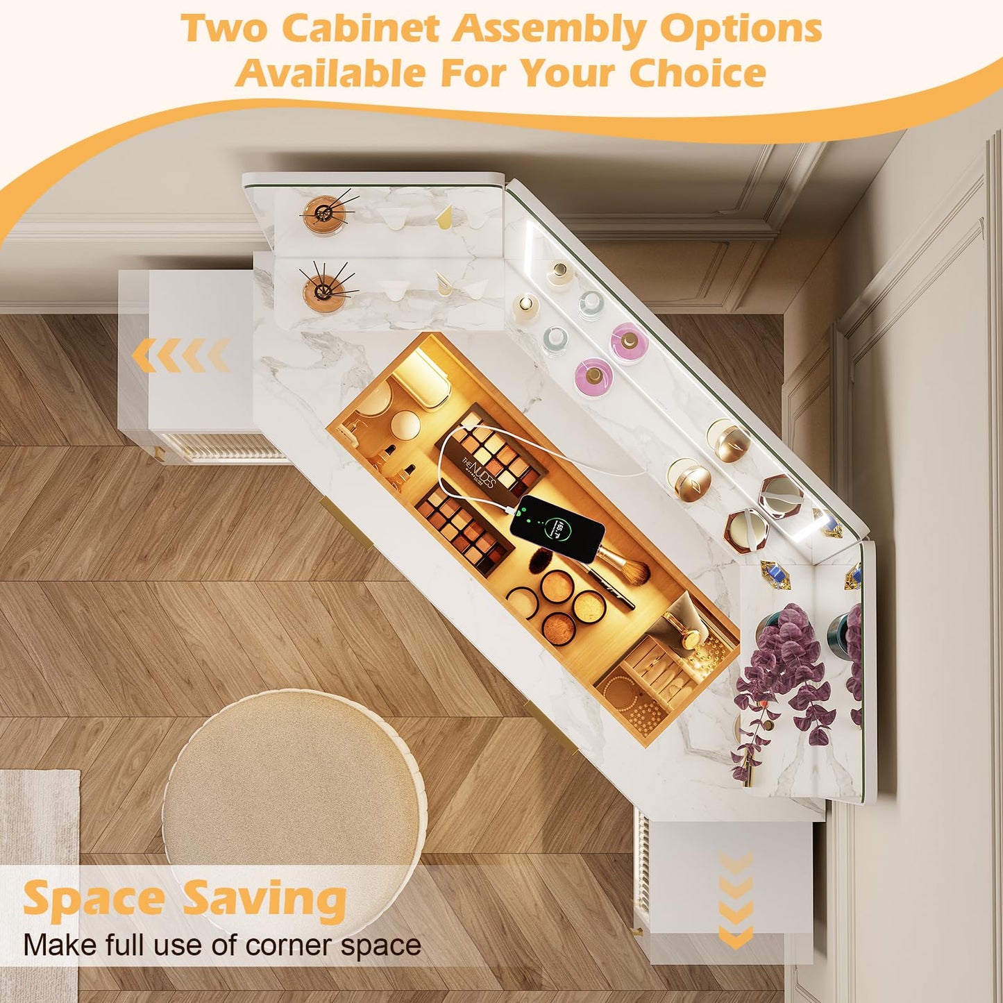 PAKASEPT Corner Vanity Desk with 3 Way Mirror and Lights, Fluted Makeup Vanity Desk with Glass Top, Charging Station, Storage Cabinets & Drawers, Small Corner Vanity for Bedroom