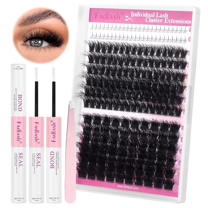 FADLASH Eyelash Extension Kit 100D+200D Lash Clusters with Bottom Lashes DIY Lash Extension Kit Cluster Lashes with Lash Bond and Seal Lash Tweezers Individual Lashes (KIT, 100D+200D-3D-12-18mm)