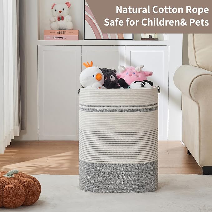 DOFASAYI Laundry Hamper - 85L Large Laundry Basket with Leather Handles, Decorative Storage Basket for Blankets - Clothes Hamper for Living Room, Bedroom, Grey & White