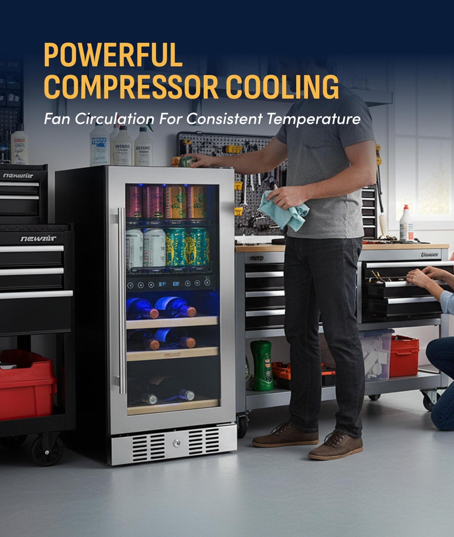 NewAir 15" Dual Zone Beverage Refrigerator & Wine Cooler for 9 Bottles & 48 Cans | Freestanding or Built-In Under Counter Mini Fridge for Beer, Wine and Soda | Stainless Steel