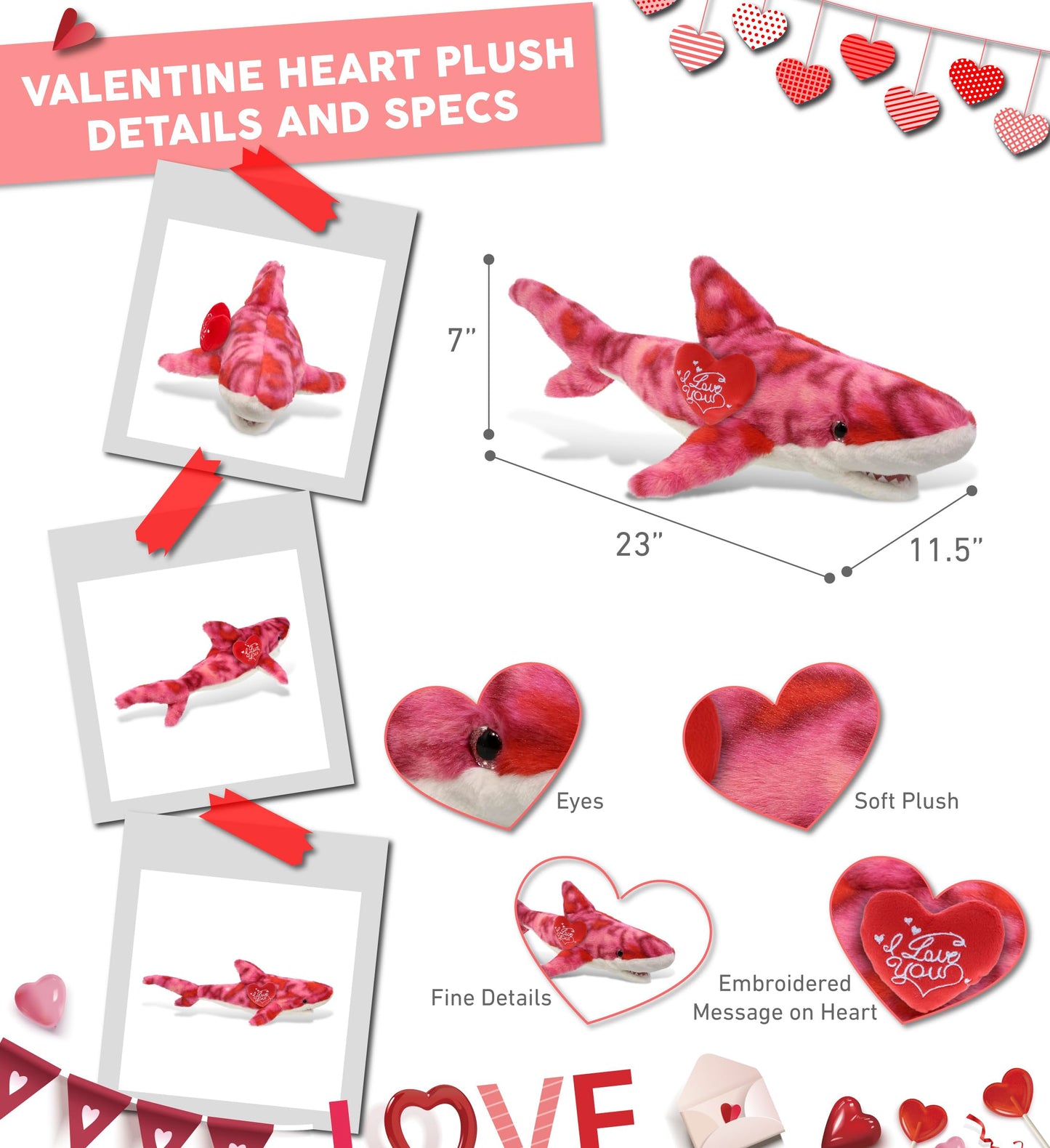 DolliBu I Love You Valentine Plush Pink Tie-Dye Shark - Cute Stuffed Animal with Red Heart and Name Personalization Gift for Valentines Day, Birthday, Anniversary, Romantic Date - 23 Inches