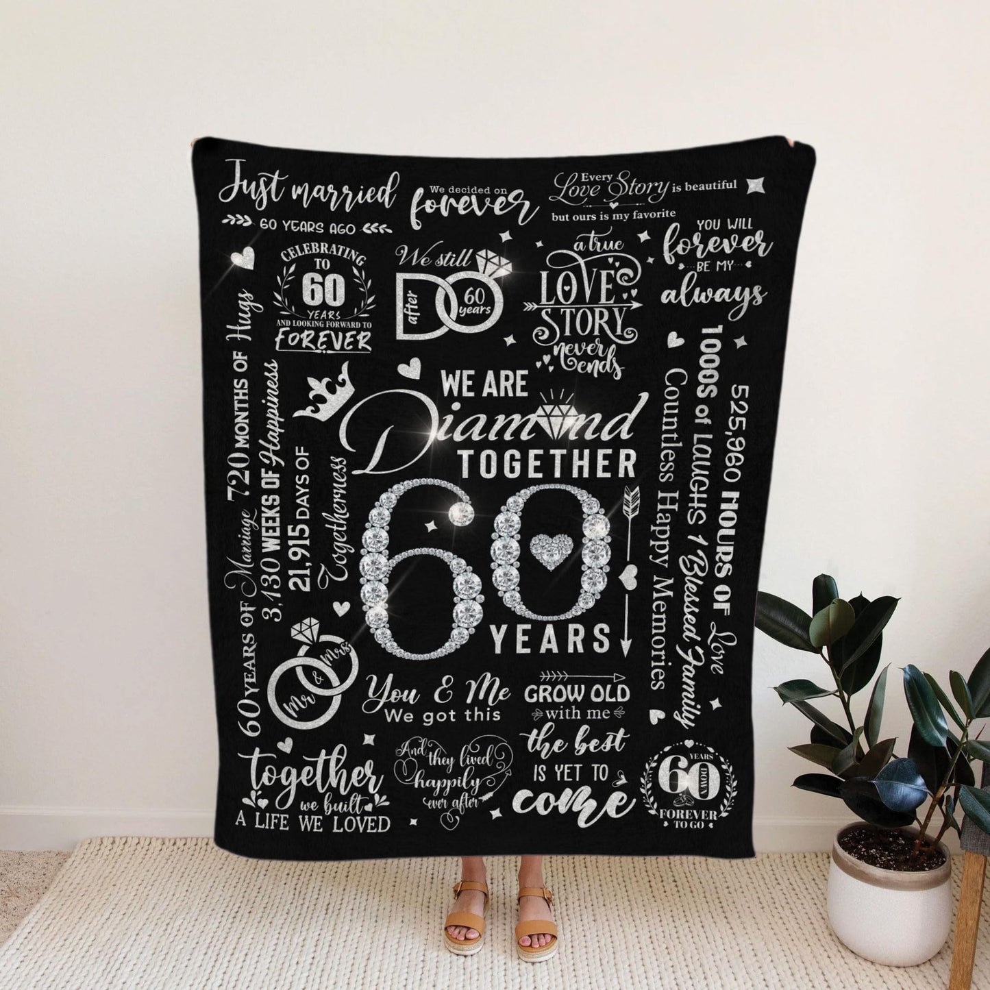 MUCHNEE 60th Anniversary Blankets for Parents Grandparents, Gift for 60th Wedding Anniversary Party, 60 Diamond Years Wedding for Dad Mom, 60 Years of Marriage Throw Blanket 60"x50"