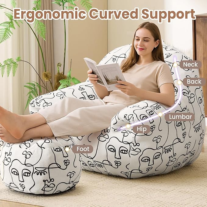 Peace nest Bean Bag Chair with Memory Foam Filled Ultra Soft Jacquard Pattern Cover for Adults Comfy Fur Bean Bag Chairs with Armrests Ottoman for Bedroom Living Room Office Dorm Reading Goddesses