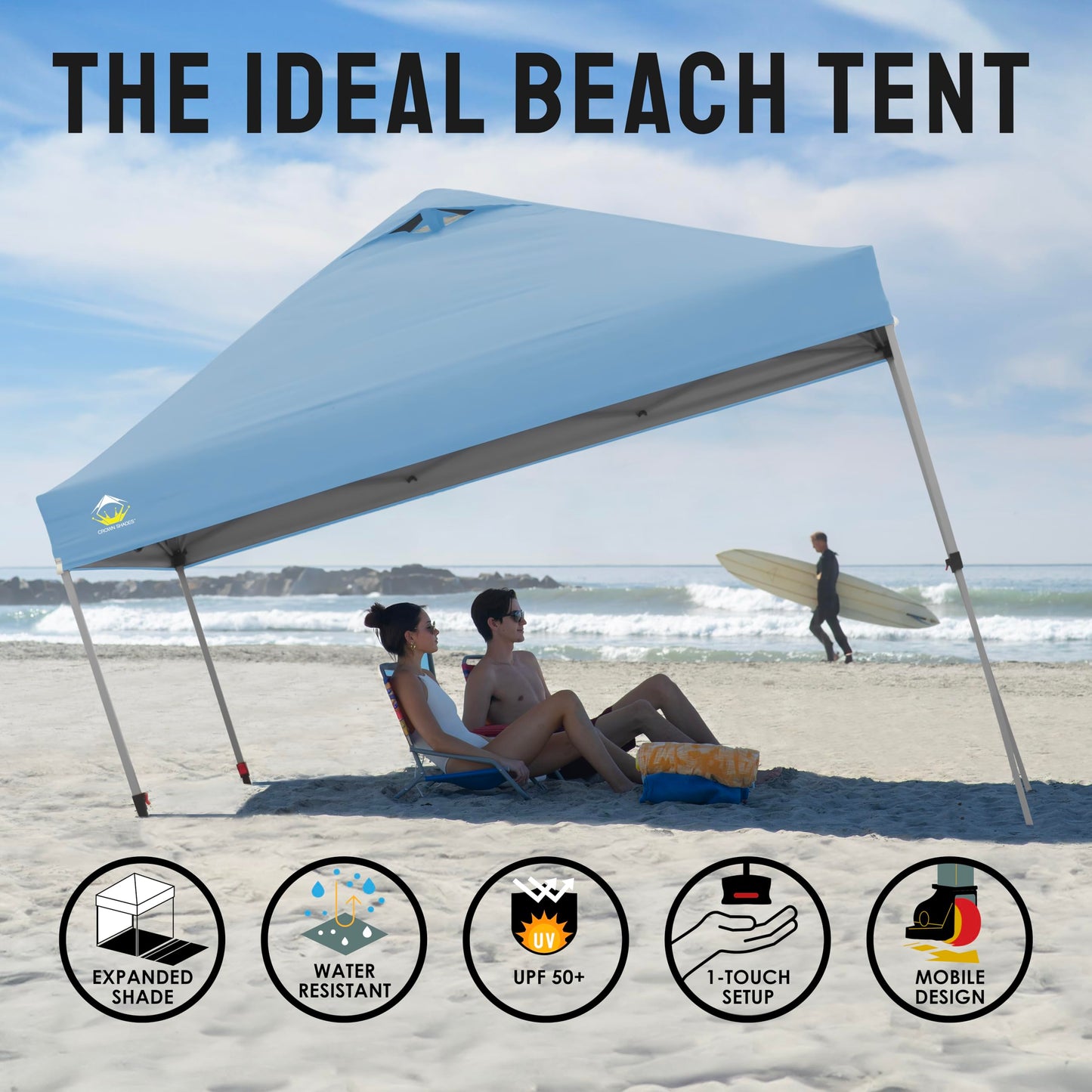 CROWN SHADES 10x10 Pop Up Canopy Tent - Patented Center Lock One Push Instant Outdoor Canopy Beach Tent with STO-N-Go Bag 8 Stakes & 4 Sand Bags，Cyan Blue