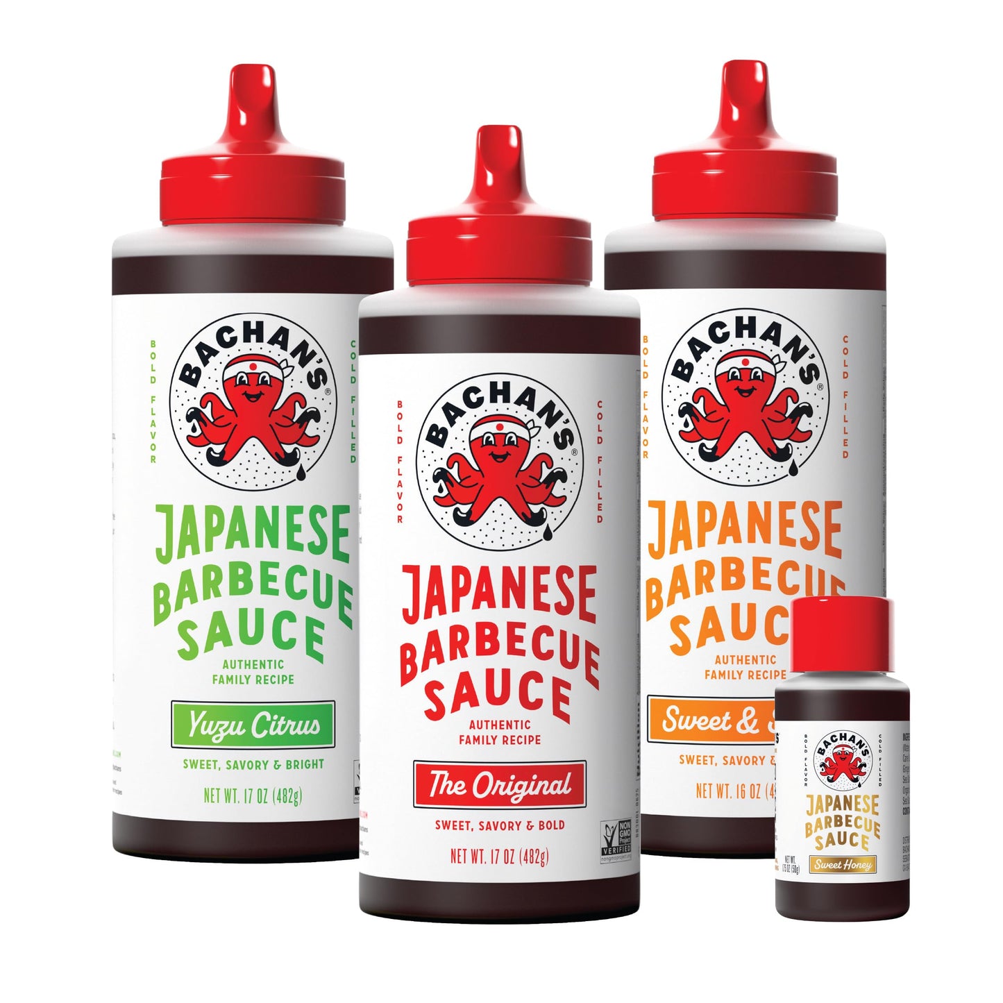 Bachan's Japanese Barbecue Sauce 4 Pack - 1 OG, 1 Spicy, 1 Yuzu Citrus, 1 Sweet Honey Mini - BBQ Sauce for Wings, Chicken, Beef, Pork, Seafood, Noodles, and More. Non GMO, No Preservatives, BPA free