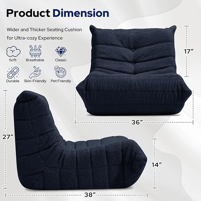 HABUTWAY Bean Bag Chairs Fireside Lazy Floor Sofa, Soft Teddy Fleece Bean Bag Sofa with High-Resilience Foam Filling，Beanbag for Living Room, Bedroom, Office (Navy Blue Teddy)