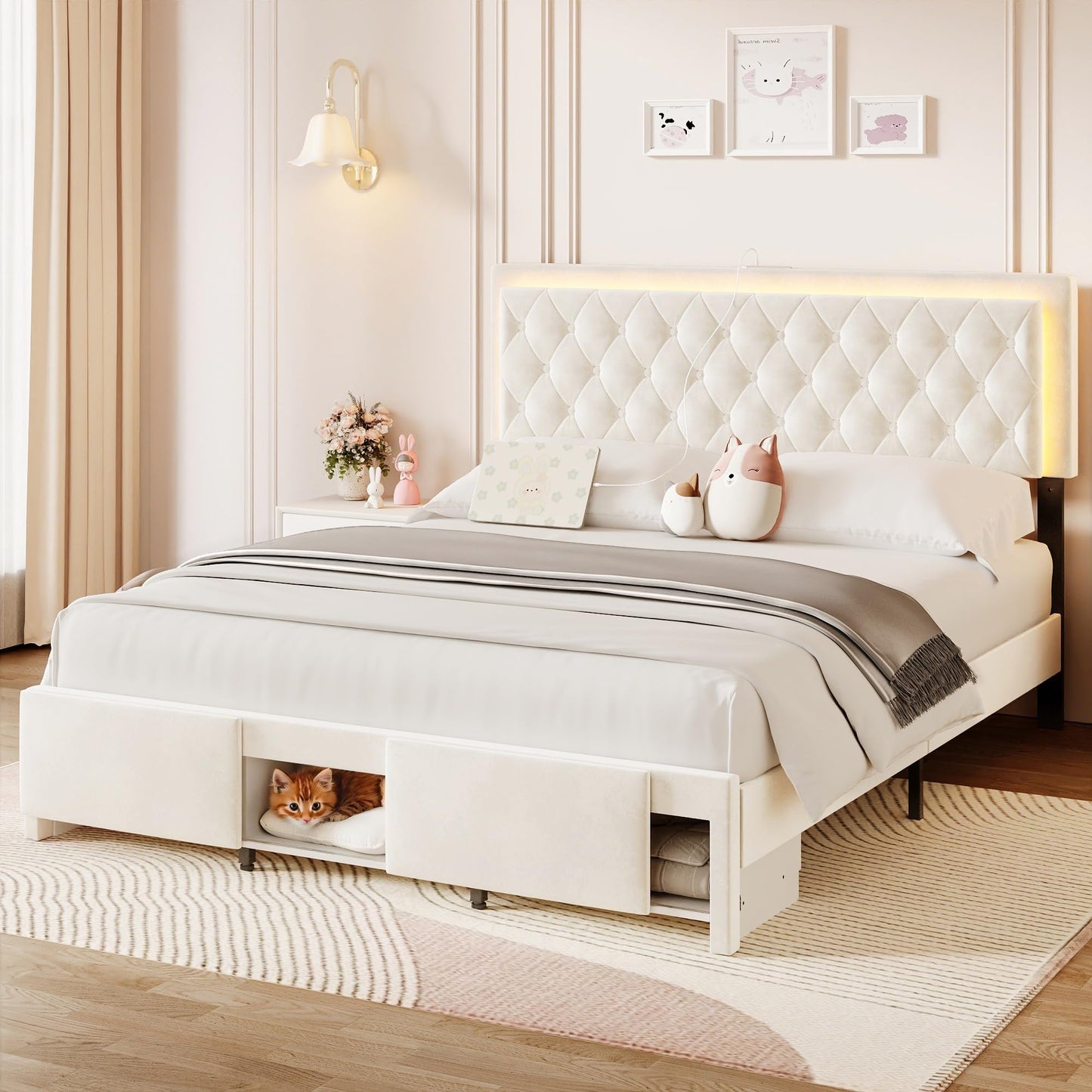 MARMONS Queen Size Bed Frame, LED Queen Bed Frame with Headboard and Storage Cabinets, Upholstered Velvet Bed Frame Queen with Charging Station, Wooden Slats Support, No Box Spring Needed, White