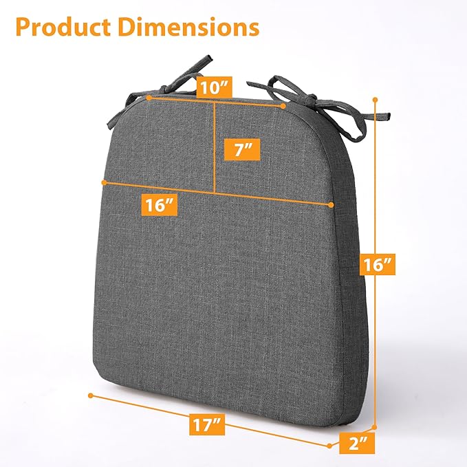 Ruqmuis Chair Cushions for Dining Chairs, 2" Thick Seat Cushions for Kitchen Chairs, D-Shaped Chair Pads with Washable Cover, Ties and Non Slip Backing, 17'' x 16'', Set of 4, Dark Grey