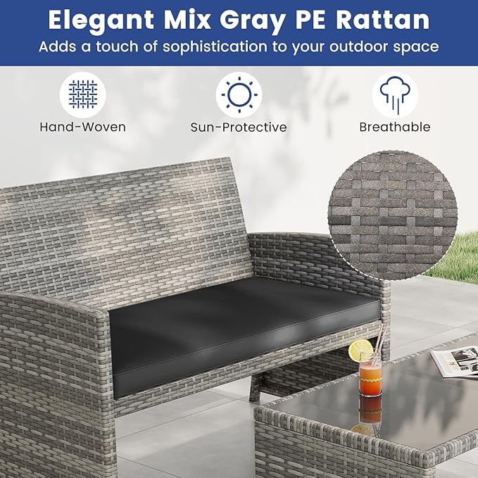 Tangkula 4 Piece Patio Wicker Furniture Set, Outdoor Heavy Duty Rattan Cushioned Chairs, Loveseat and Tempered Glass Coffee Table, for Backyard, Balcony, Poolside (Black)