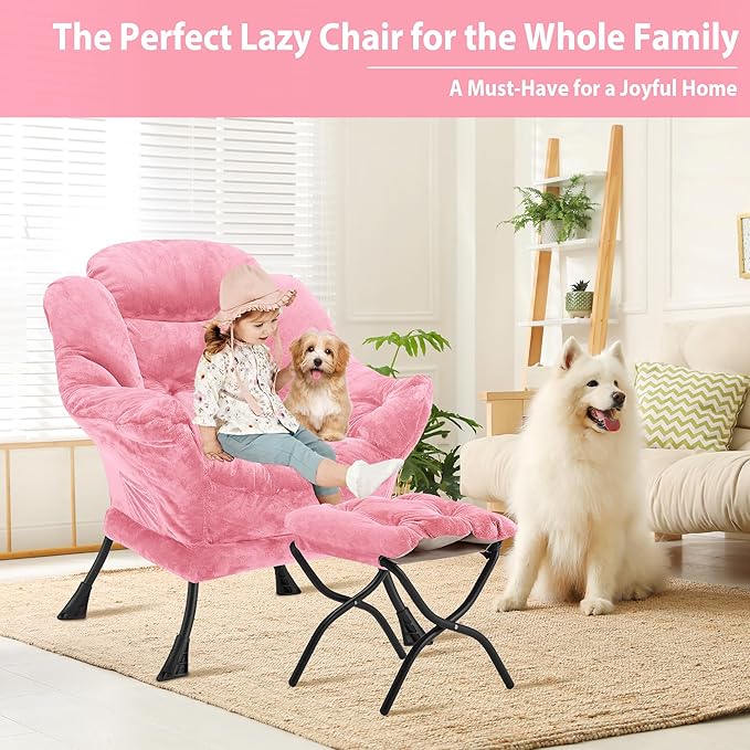 Youtanic Lazy Chair with Folding Ottoman, Accent Chair Plush Upholstered with Metal Structure and Non-Slip Pads, Sofa Armchair with Footrest and Side Storage Bag for Dorm, Room, Office, Pink