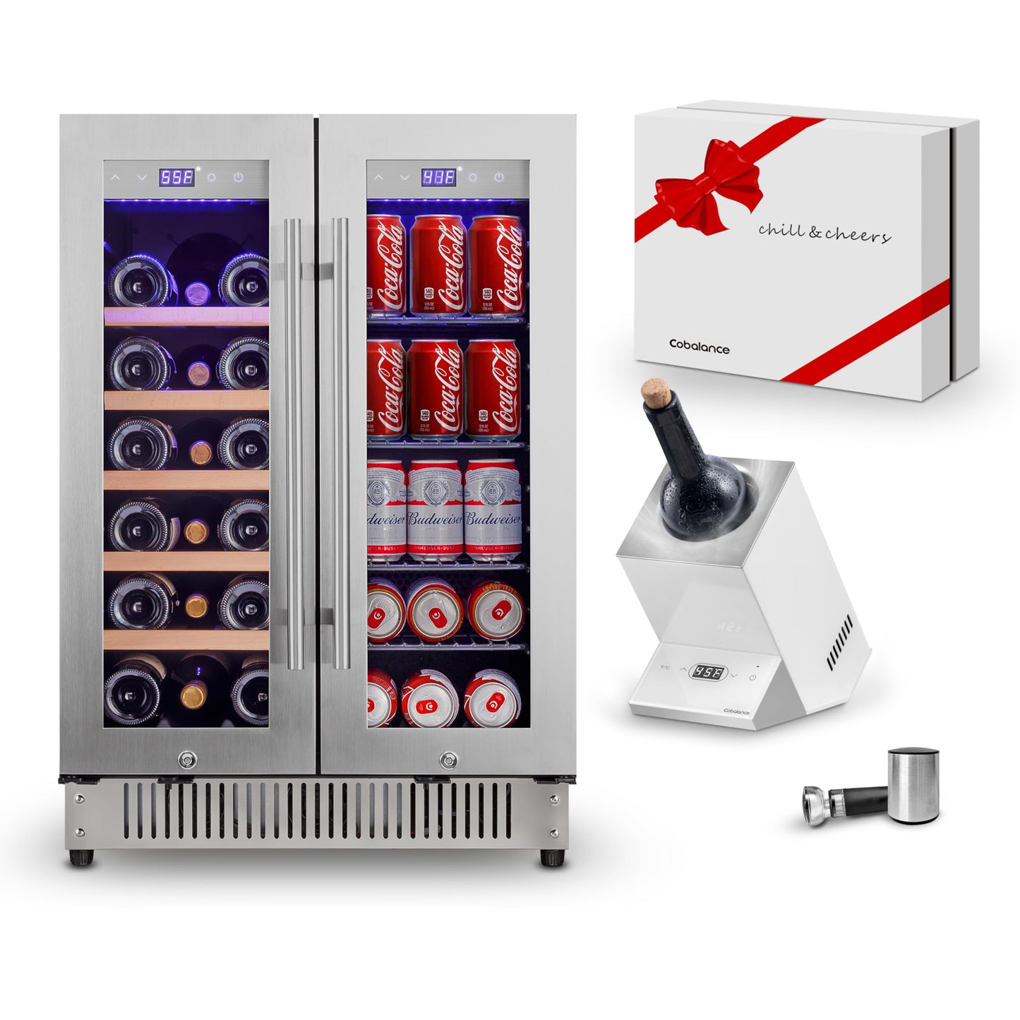 Cobalance 24 Inch Dual Zone Wine and Beverage Refrigerator-72 Cans and 20 Bottles Cooler, & Single Bottle Wine Chiller,Built-in or Freestanding Fridge for Beer, Soda, Drinks, Home,