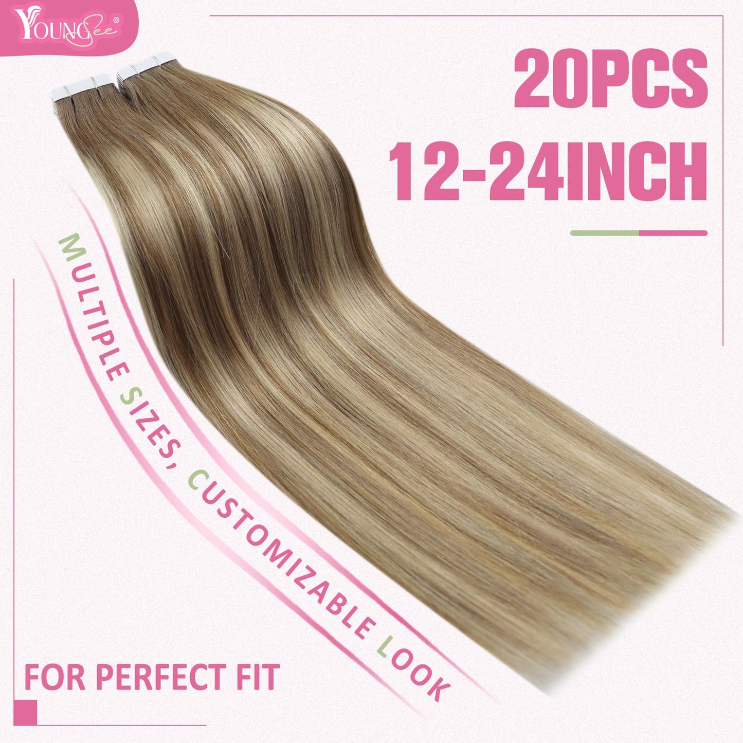 YoungSee Invisible Tape in Hair Extensions Brown Balayage Real Hair Tape in Extensions Human Hair Ombre Light Brown to Blonde Mi