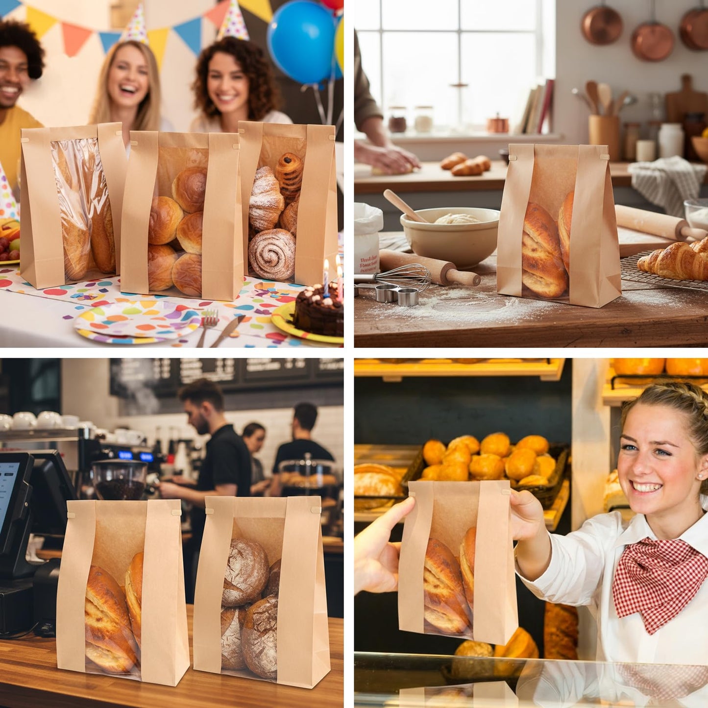 Moretoes 120 Pack Large Paper Bread Bags for Homemade Baked Goods, 13.7x8.3x3.5 Inches, Sourdough Bread Bags with Tin Tie Tab and Clear Front Window, Includes 144 Label Seal Stickers (Brown)