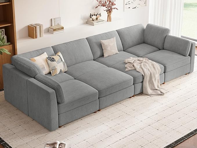 CUGOAO 153.4'' Modular Sectional Sofa Bed, Oversized Sectional Couch, Deep Seat Chenille Cloud Couch, Removable Cover, Mordern Upholstered Couches for Living Room, Apartment, Office, Grey