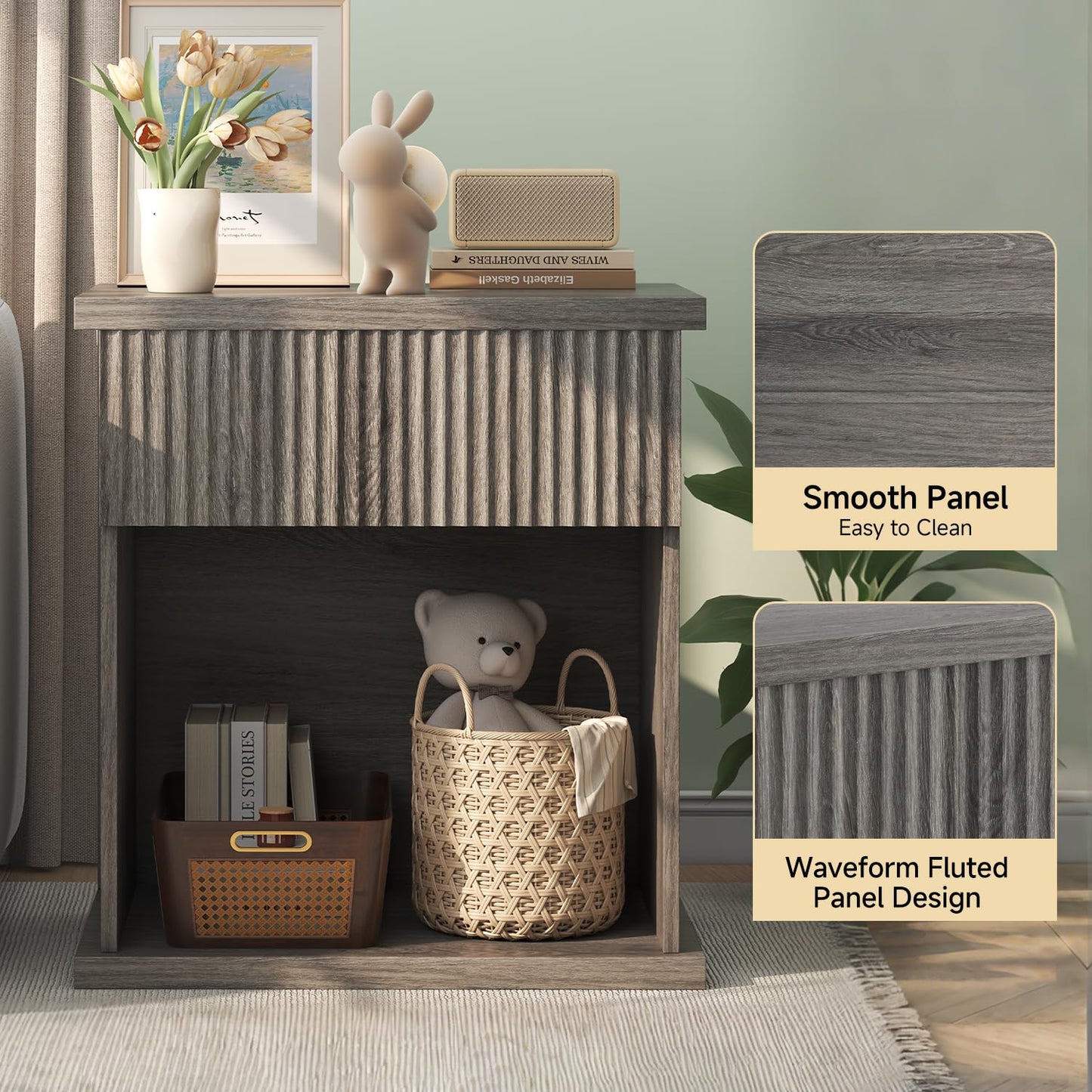 UNIQUITE Fluted Nightstand, 22.8" Wide Nightstands with Drawer Storage Large Wood BedsideTable Night Stand for Bedroom, Grey Oak