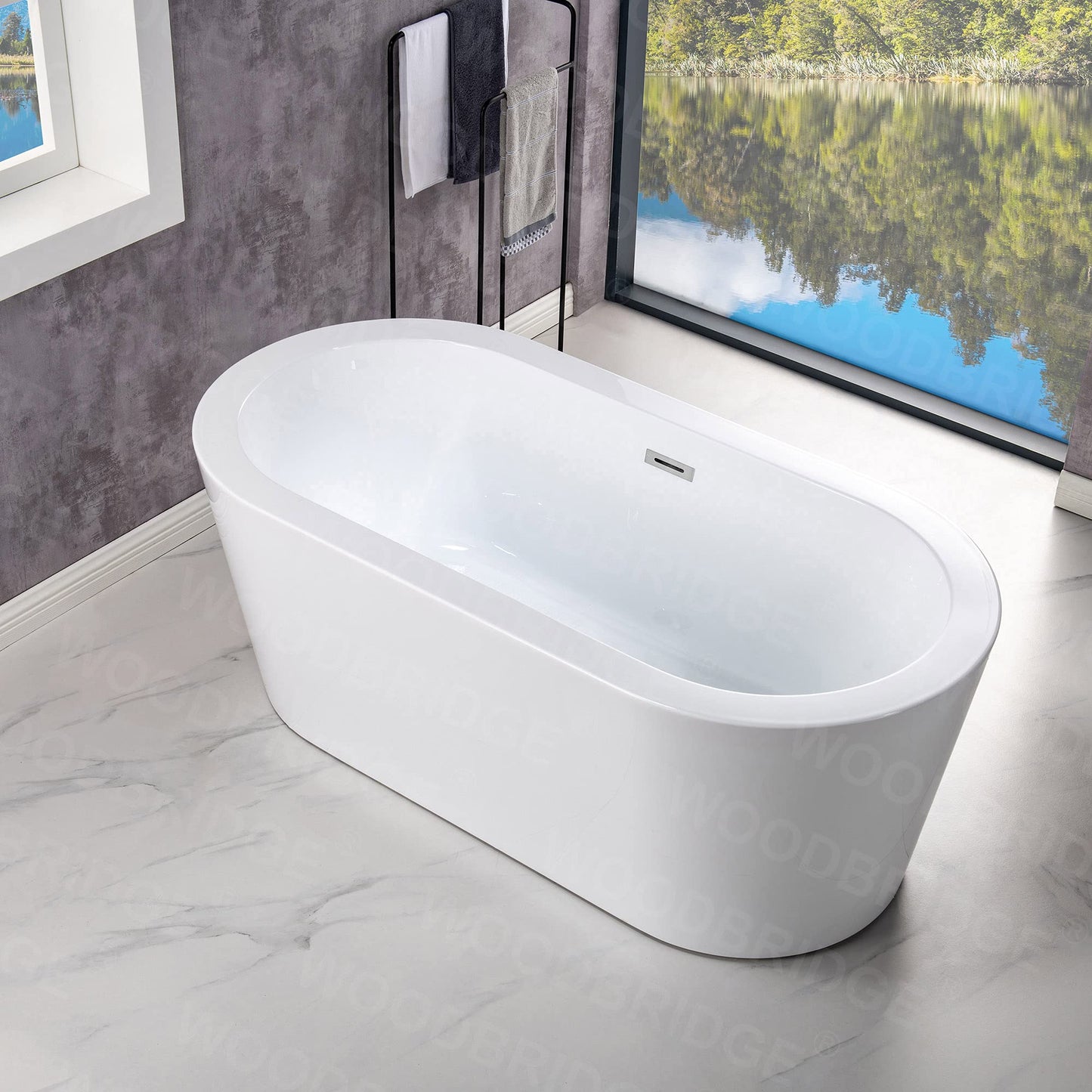 WOODBRIDGE 59" Acrylic Freestanding Bathtub Contemporary Soaking White Tub with Chrome Overflow and Drain, B0012 -C-Drain &O