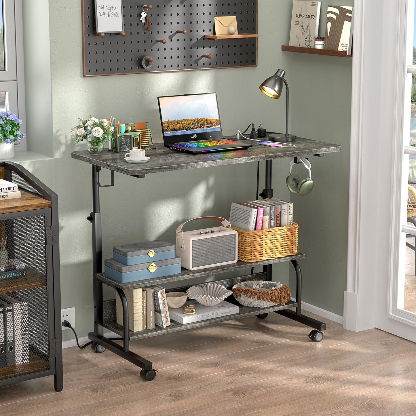 32" Height Adjustable Standing Desk with Power Outlets - Manual Rolling Stand Up Desk with Wheels Small Portable Computer Desk Mobile Laptop Table with Storage Shelves for Home Office, Grey Oak